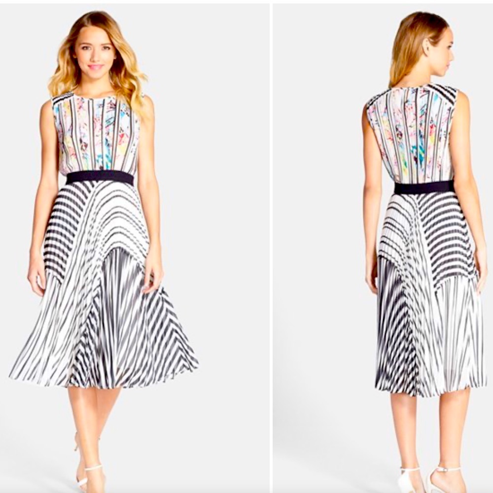 BCBGMaxAzria mixed print pleated fit and flare dress. small.